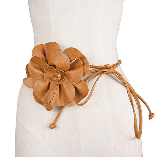 CALFOVERA Cinturón Fino de Piel Sintética con Diseño de Flores Grandes de 6mm, Estilo Bohemio Marrón, Elegante Y Fino, con Borlas de Cuerda de Cuero para Mujer, para Vestir, Camisas Y Bodas.
