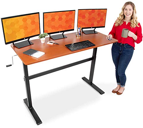 Stand Steady Tranzendesk | 55 Inch Standing Desk with Detachable Wheels | Crank Height Adjustable Sit to Stand Workstation | Modern Ergonomic Desk Supports 3 Monitors  (Cherry) -  TRFLMN