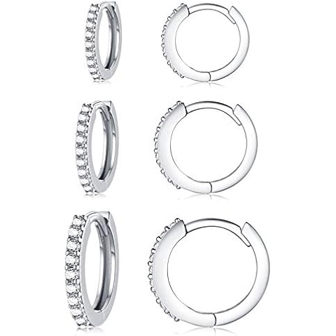 Silver Hoop Earrings for Women, 3 Pairs Small Sterling Silver Huggie Earrings | Tiny Cubic Zirconia Cartilage Cuff Earrings Hoop Piercing Jewellery for Men Teens (8mm/10mm/12mm) Cover