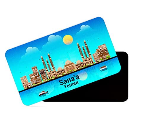 Image of dhcrafts Rectangular Rubber Fridge Magnet /Magnetic Card Blue Yemen Sana'a Design Pack of 1 (8.6cm x 5.4cm)