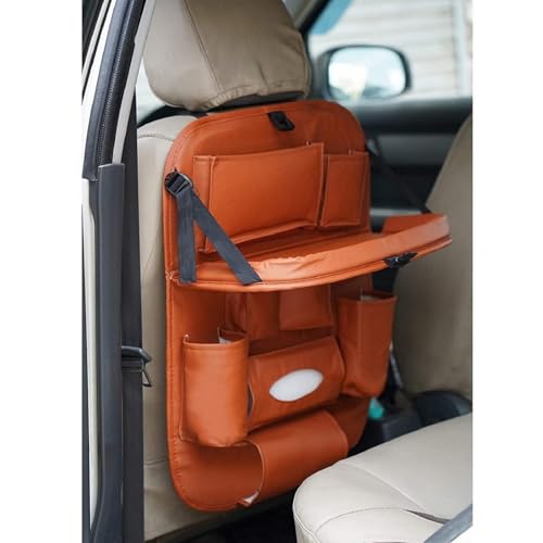 Image of PU Leather Auto Car Back-Seat Organizer with Tray, Multi-pocket Storage, Tablet Holder, Bottle and Tissue Paper Holder, Mobile Holder and Tray for food (TAN)