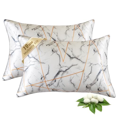 Image of THXSILK Set of 2 Natural Mulberry Silk Pillowcase for Hair and Skin, Grade 6A+ Mulberry Silk Pillow Case, Durable, Soft and Breathable Silk Pillow Case (King 20 inchx36 inch, White Marble)
