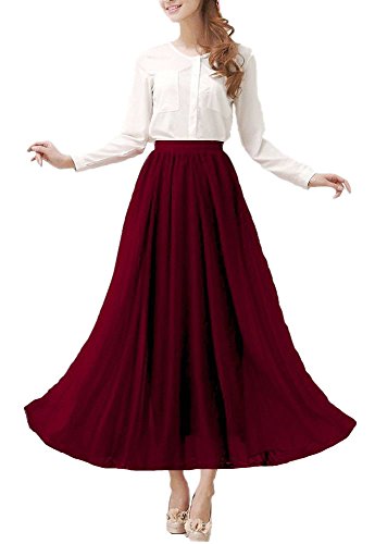 Afibi Womens Chiffon Retro Long Maxi Skirt Beach Ankle Length Skirt (X-Large, Purple Red)