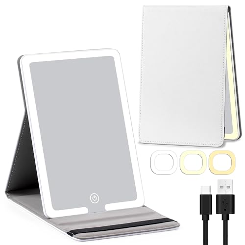 化粧鏡 ライト付きミラー 卓上鏡 バッテリー内蔵 女優ミラー 持ち歩きやすい 鏡 卓上 ライト付き 【3つ光色/無段階調光/角度調節可能/折りたたみ式/PUレザーカバー/充電式】 旅行・日常メイク・オフィスに適用 (ホワイト)