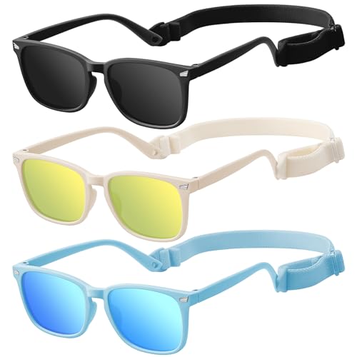 zestero Baby Infant Toddler Polarized Sunglasses with Strap for Boys Girls Age 0-24 Months, 3 Pack Flexible TPEE Rubber Frame Kids 100 UV Protection Sunglasses Newborn Shades