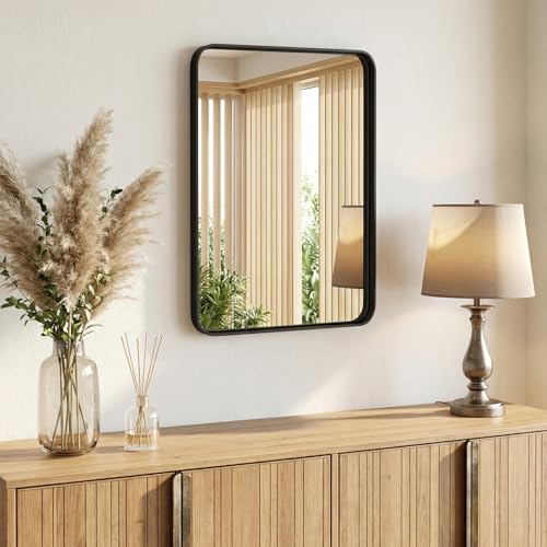 Image of NEWBULIG 22 inchx30 inch Wall Mirror, Bathroom Mirrors for Over Sink, Black | Matte Metal Framed Vanity Mirror with Tempered Glass, Entryway, Living Room, Bedroom