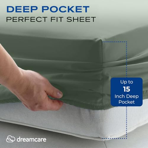 Image of DREAMCARE Full Size Sheets - Cooling Sheets - 4pcs Set - up to 15 inch Deep Pocket Full Sheet Set - Sheets Full Size Bed - Soft & Long Lasting 100% Fine Brushed Polyester with Side Pocket - Sage Green