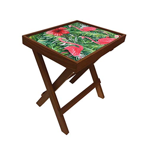 Image of Nutcase Designer Teak Wood Side Table Folding Wooden Bedside Coffee Outdoor Picnic Table - Tropical Flamingoes
