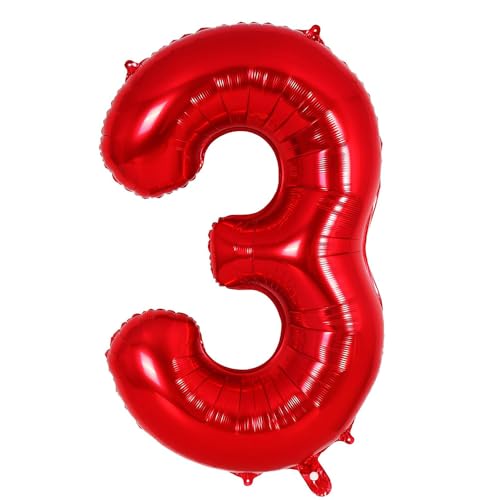 Ponmoo Balão de Folha de Alumínio Número 3 Vermelho 40' (101cm), Inflável com Hélio ou Ar, Números Gigantes 0-9, 10-19, 20-29, 30-100, Grandes Balões de Decoração para Casamentos, Aniversários e