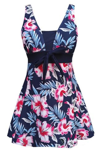AMAGGIGO Damen Neckholder Push up BadekleidFigurformender Bunt Badeanzug mit Röckchen Bauchweg Einteiliger Badekleid（5blue rflower，Größe 42 (XL)）