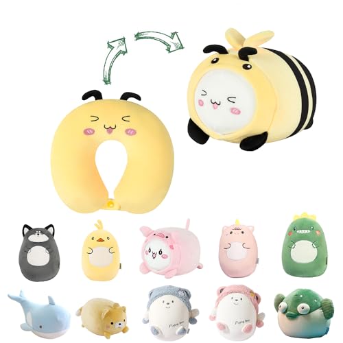 Image of Kids Travel Pillow - 2-in-1 Deformable Kids Neck Pillow for Traveling, Soft U-Shaped Pillow with Adorable Animal Design, Comfy Sleep and Play, Ideal for Airplane Traveling - Yellow Bee