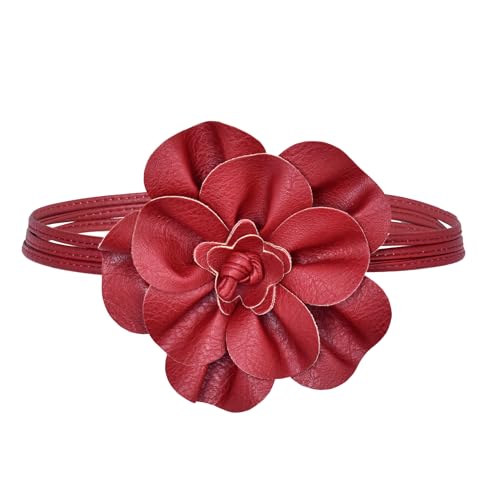 TeeYee Damen PU Leder Blumen Gürtel Boho Wickelgürtel Flechtgürtel Taillengürtel Schmaler Gürtel für Kleid Rot