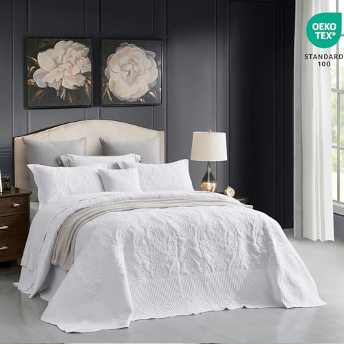 Image of CHIXIN Oversized King Bedspread 128x120 Extra Wide - Lightweight Bedding Cover - Beautiful Stitching - 5 Piece Reversible Bedspread - Gorgeous Damask Paisley Pattern (King /Cal King, Pure White)