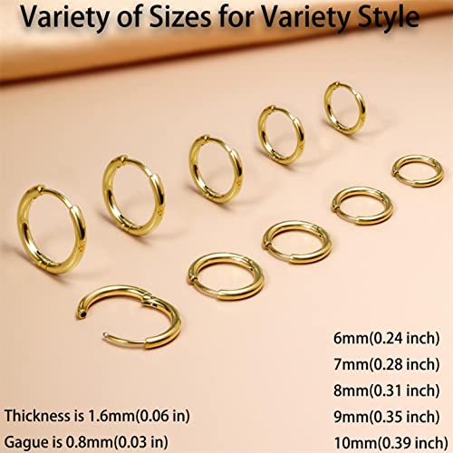 Small Gold Hoop Earrings Lightweight: Hinged Huggie Hoop Earrings for Lobe Cartilage Helix Tiny Hoops Earrings in Gold Plated Silver Black for Women Men (Set of 1 - 5 Pairs) (14K Gold - 6mm/7mm/8mm/9mm/10mm)