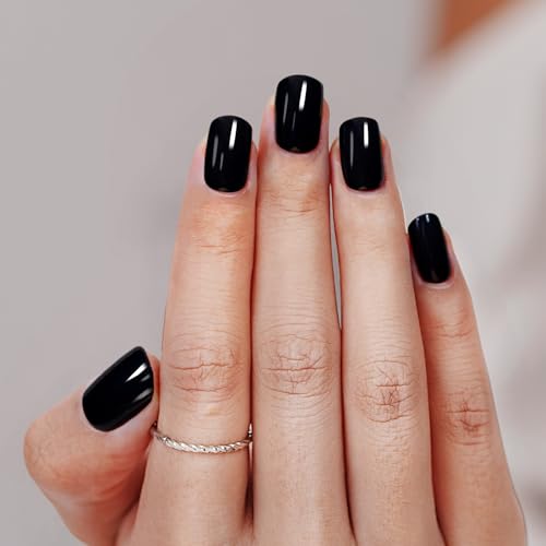 Press On Nails Short, Vneffabler Black Fake Nails Opaque Square Press ons Glue On Nails Reusable Stick On Nails With Nail Glue in 17 Sizes - 34 Acrylic Nails Kit, All Black