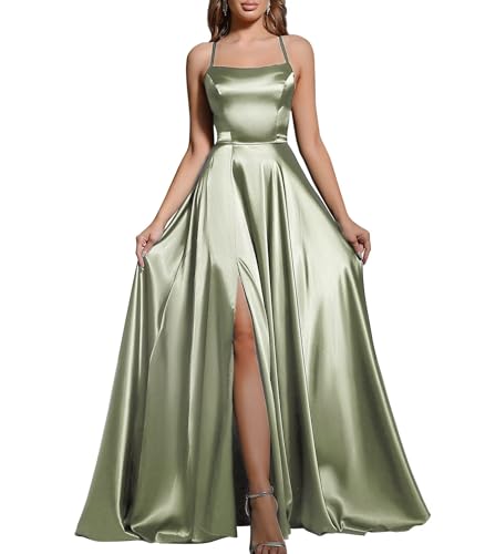 MisShow Women's Satin Bridesmaid Dress with Slit A-line Spaghetti Straps Formal Prom Gown Evening Party Dress