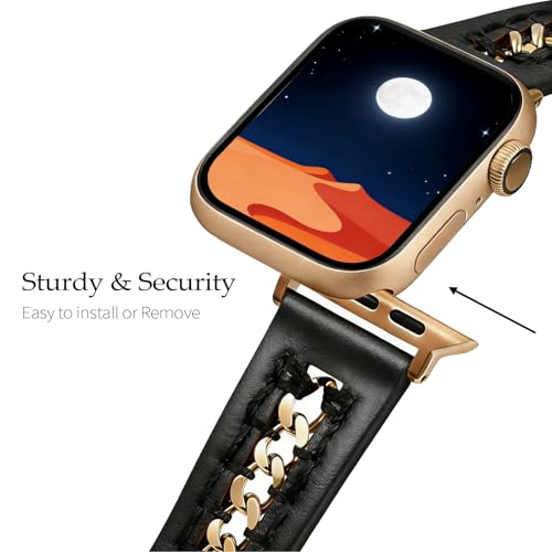 Image of HANDODO Italian Genuine Leather Band with gold chain details, Compatible with Apple Watch Series 11 10 9 8 7 6 5 4 3 2 1 SE SE2 Ultra 2 /3, SGS Certified Fashion Dressy Strap for women men