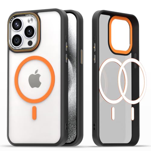 Image of Pikkme Back Cover for iPhone 15 Pro | Shockproof | Mag-Safe Compatible | Hard Transparent Back | Premium Raised Camera Protection | Bumper Case (Black & Orange Mag-Safe)