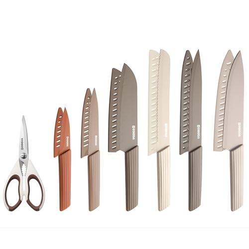 Image of 13-Piece Kitchen Knife Set | 6 Ceramic Coated Knives with 6 Blade Guards & Kitchen Scissors with Safety Cover | Chef, Santoku, Bread, Utility & Paring Knives | for Home & Restaurant Use | Multicolor