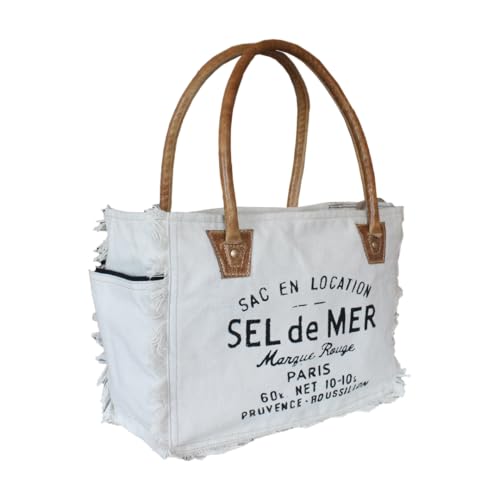 Sel de mer upcycled canvas hand bag upcycled canvas & cowhide tote bag (10X13 Inch) (Off White)