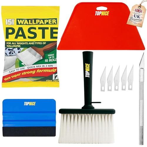 Wallpaper Paste Kit Strong Adhesive Wallpaper Kit for Easy Hanging and Decorating - 200g (Makes 12 Pints) - Includes Pasting Brush Smoother Felt Edge Smoother & Trimmer For All Wall Types