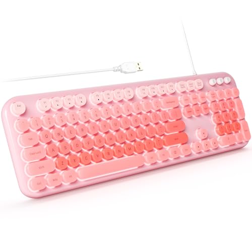 Meidosa Backlit Keyboard Wired, Light Up Computer Keyboard with 2 Modes Backlit, Full Size Retro Typewriter Keyboard Plug and Play for Windows, Laptop, Desktop, PC (Pink Colorful)