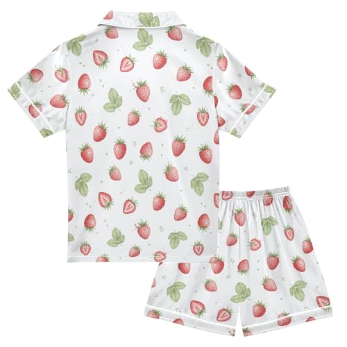 Satin Pajama Sets Short Sleeve Strawberry Pattern Print Button Down Silky Nightwear 2 Piece PJS 5-14Y2