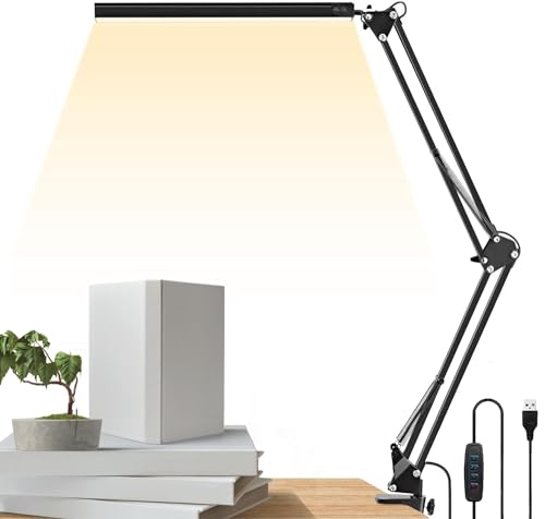 EYOVOFA LED Metal Swing Arm Desk Lamp with Clamp, 14W Eye-Caring 3 Modes, 30 Brightness Dimmable, Memory Function/USB Adapter, Architect Table Light for Home Office (White)