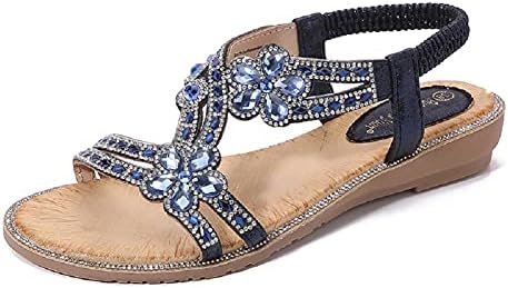 Yicornchen Women's T-Strap Beaded Flower Rhinestone Flat Sandals Dress Beach Shoes(10 B(M) US,Blue)