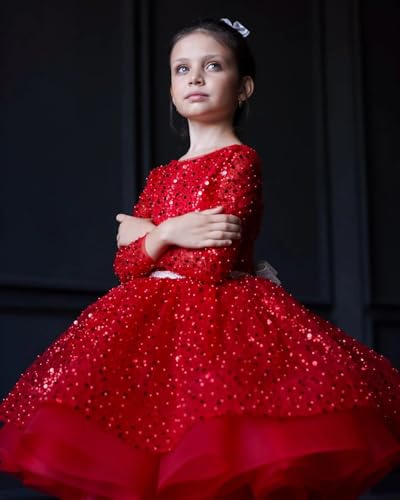 Short Mini Girl Sequined Pageant Dresses Long Sleeve Scoop Neck Flower Girl Gowns2