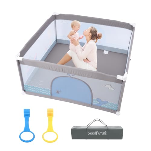 SeedFuture Baby Playpen 59x59 Inch Extra Large with Gate Deep Grey, Soft Breathable Playpen for Toddlers, Safety Infants Playpen, Indoor or Outdoor Kids Activity Yard Kids Playpen with Suction Cup