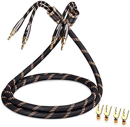 SKW Single Audiophile Speaker Cable,Convertible Banana Spade Gold Plated Connector,Nylon Braid,HiFi Quality Cable(8ft/2.5M,1 Cable for 1 Speaker)