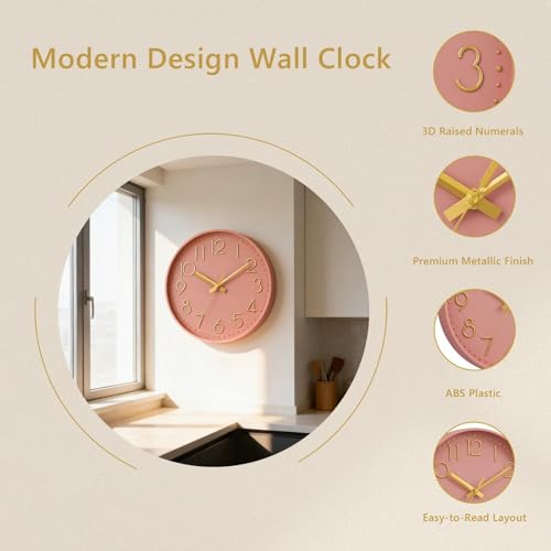 Image of DAXSMY Wall Clock 12 Inch Pink Decorative, Battery Operated Silent