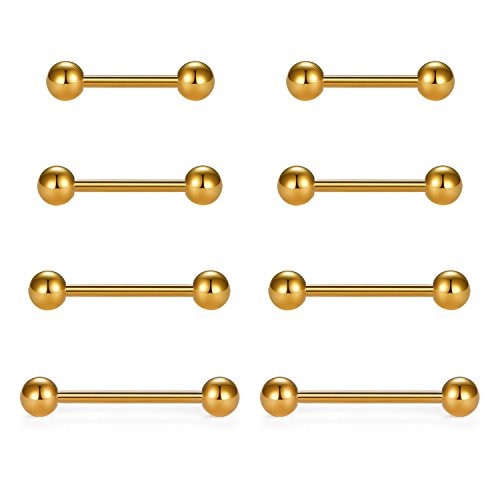 VCMART Nipple Rings Tongue Rings Stainless Steel Straight 14G Barbells Piercing Jewelry Gold 12mm 14mm 16mm 18mm