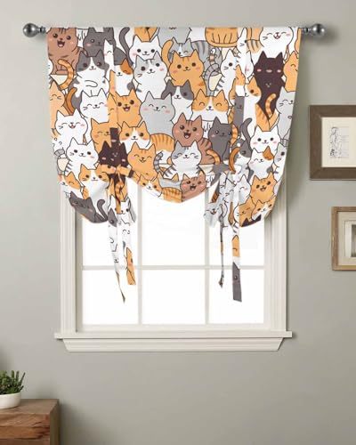 Cartoon Cat Tie Up Curtains for Windows 63 Inch Length Balloon Curtains Kitchen Adjustable Balloon Window Shade Modern Funny Cute Orange Gray Animals Tie Up Valance Bathroom Curtain Window 52