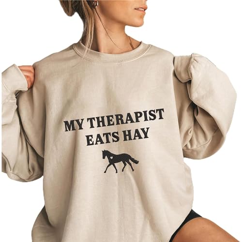 GodLover Personalized Embroidered Horse Sweatshirt, Custom My Therapist Eats Hay Sweatshirt, Custom Horse Shoe With Name On Sleeve, Horse Lover Sweatshirt, Horse Rider Gift, Horse Owner Gift, Medium3