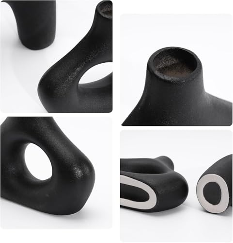 Image of PUREZENTO Abstract Black Ceramic Donut Vase 5.4 & 7.7 Inch - Set of 2 | Decorative Unique Modern Vase for Dried Flowers & Pampas Grass | Vases for Modern Home Decor, Living Room, Office Decor Ideas