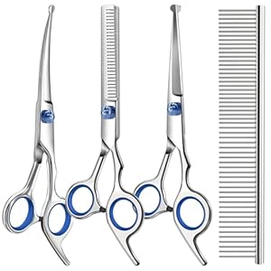 Kit profesional 4 en 1 de tijeras de aseo para perros y gatos con puntas redondas de seguridad, afiladas y duraderas, tijeras para perros para aseo – Incluye tijeras rectas y curvas, adelgazantes y