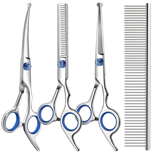 Professional 4 in 1 Dog & Cat Grooming Scissors Kit with Safety Round Tips,Sharp & Durable,Dog Shears for Grooming – Includes Straight, Curved, Thinning Scissors and Comb – Premium Pet Supplies