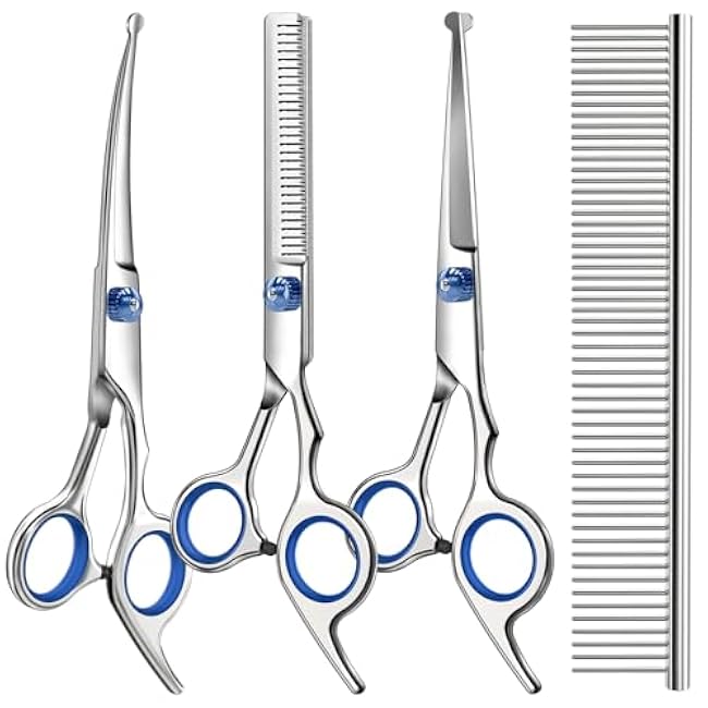 Professional 4 in 1 Dog & Cat Grooming Scissors Kit with Safety Round Tips,Sharp & Durable,Dog Shears for Grooming - Includes Straight, Curved, Thinning Scissors and Comb - Premium Pet Supplies-554uYiPL