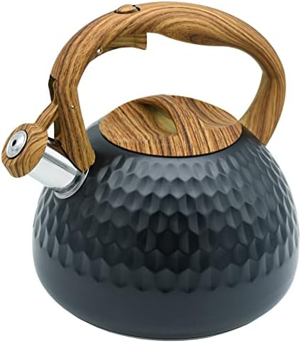 Starbbq 2.8 Quart Teapot for Stovetop Stainless Steel Whistling Tea Kettle for Stove Top Handle and One-Touch Open and Close Button (Black）