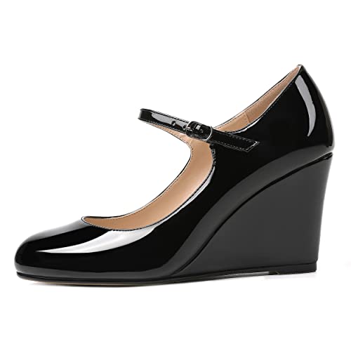 WAYDERNS Womens Patent Round Toe Buckle Fashion Adjustable Strap Mary Jane Dating Wedge High Heel Pumps Shoes 3.3 Inch2