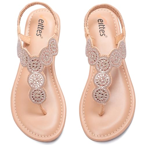 Veittes Women's Bohemian Bling Flat Slide Sandals - Casual Summer Thong Sandals with Rhinestone Decor, Rubber Sole, Lightweight & Comfortable Ankle StrapThong Summer Sandals.