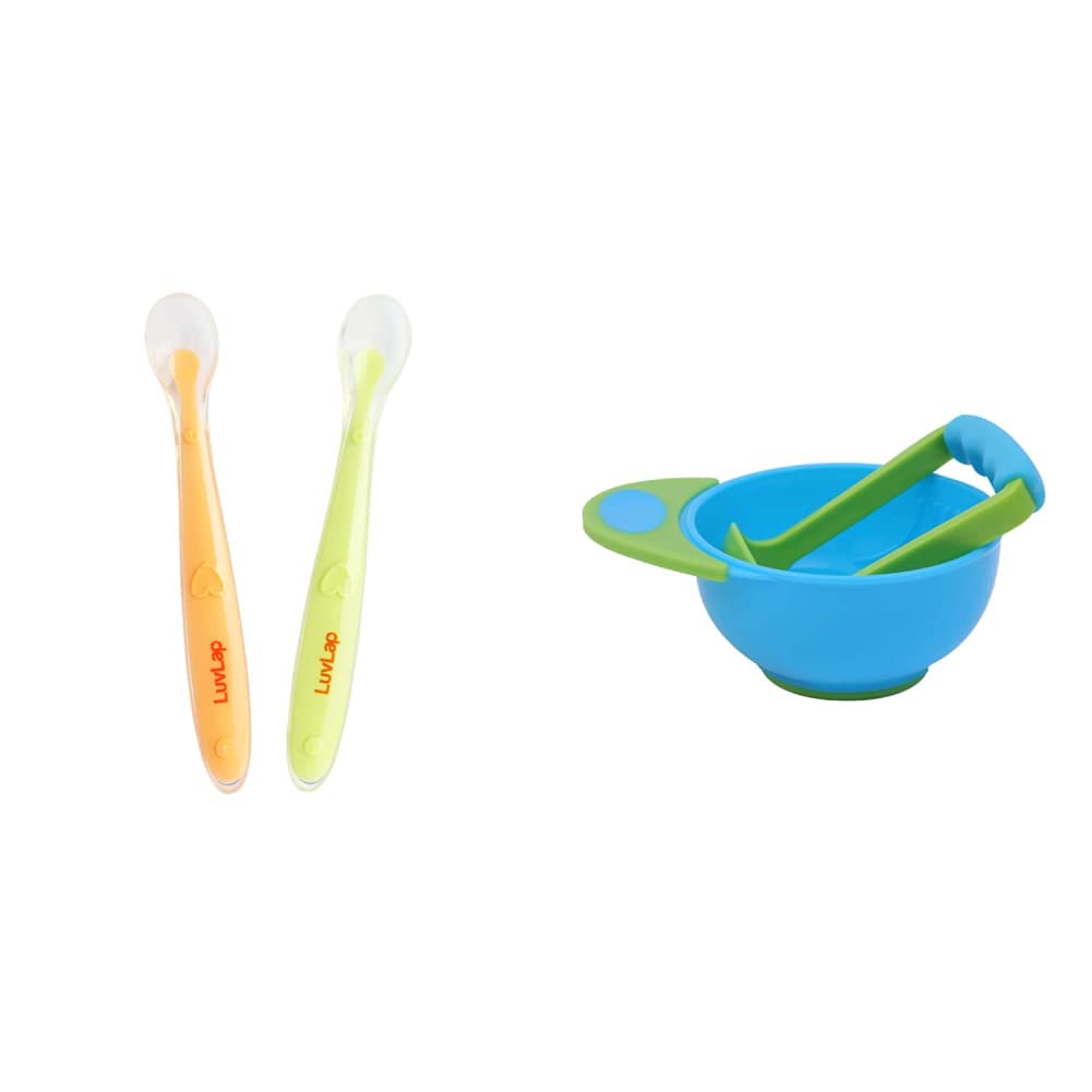 LL Baby Soft Silicon Spoon - Pack of 2 & LuvLap Baby Food Grinding Cum Feeding Bowl, Portable Baby Food Masher & Serving Bowl for Baby weaning Food Preparation (Green & Blue)-image-36