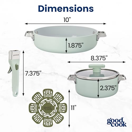 Image of GoodCook Ceramic Cookware Set 5-Piece with Removable Handle, Induction Compatible, Nonstick and Oven Safe with 8-Inch Frypan, Sage Green