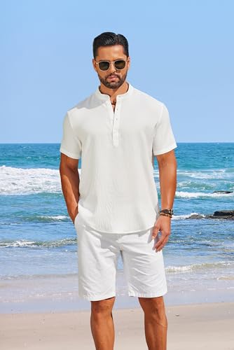 COOFANDY Men's Casual Henley Shirt Short Sleeve Linen Shirt Band Collar Summer Hippie Beach T-Shirts2