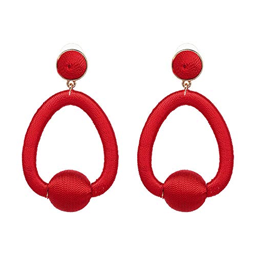 Bohemian Oval Tassel Earrings Fringe Geometric Multi-Layer Dangle Earings Silk Thread-Wrapped Bead Drop Earring for Women (Red)