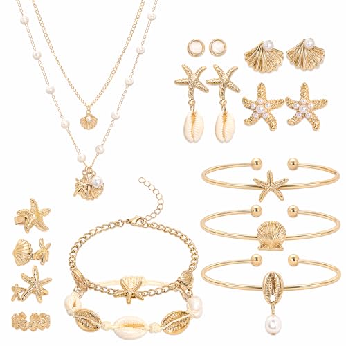 Fumwase 15PCS Seashell Starfish Jewelry Sets for Women Earrings Rings Necklace Studs Bracelets Beach Jewelry Accessories for Summer Travel Holiday Vacation Party