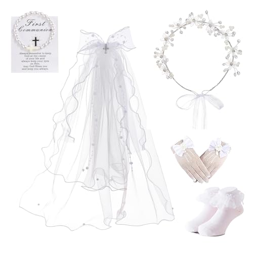 Yewkit First Communion Veils Set 1st Communion Wreath Veil Pearl Bracelet Gloves Sock Accessories