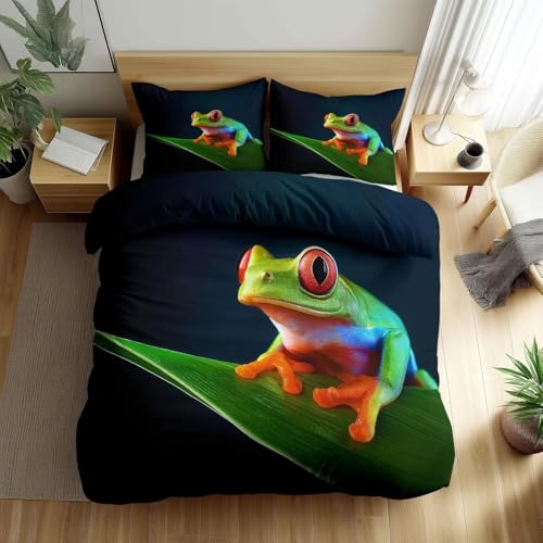 Funda Nordica Cama 180 Patrón De Rana Funda Edredon 260x240 Plantas Verdes 3D Fundas de Edredón Microfibra Suave Ropa de Cama de 3 Piezas con Cremallera y 2 Fundas de Almohada H-273